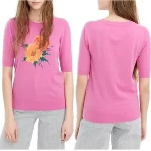 J. Crew Tippi Pink Floral Short Sleeve Merino Wool Crewneck Sweater - Picture 1 of 10